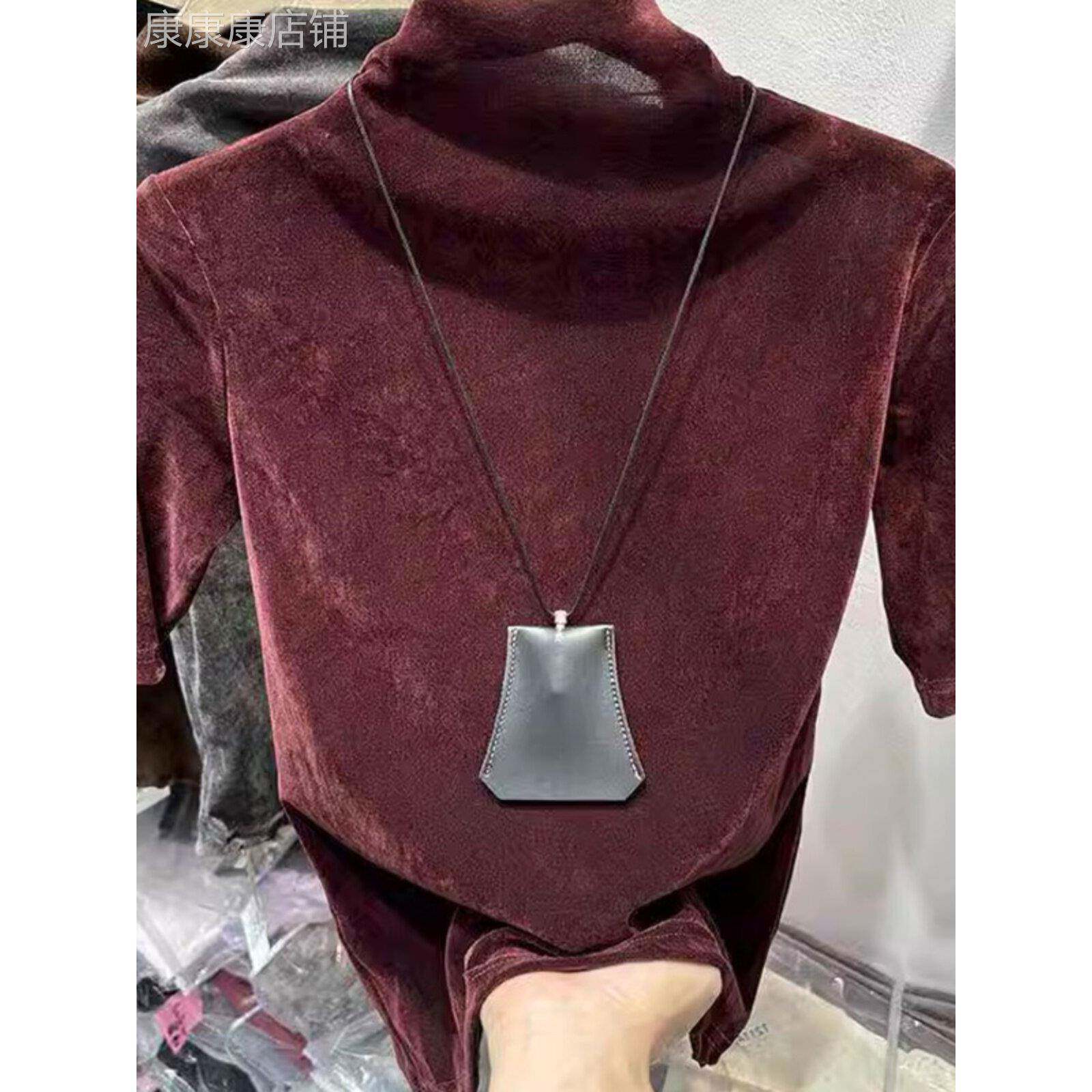 半高领丝绒三分之袖女式春秋季欧洲经典纯色百搭直右肩中袖底衫