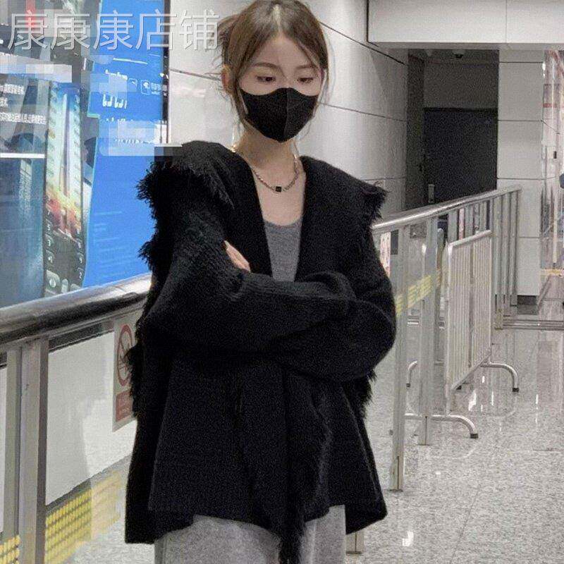 海军领流苏毛边毛衣覆古开 衫女春秋欧货慵懒斗篷披肩针织外套大