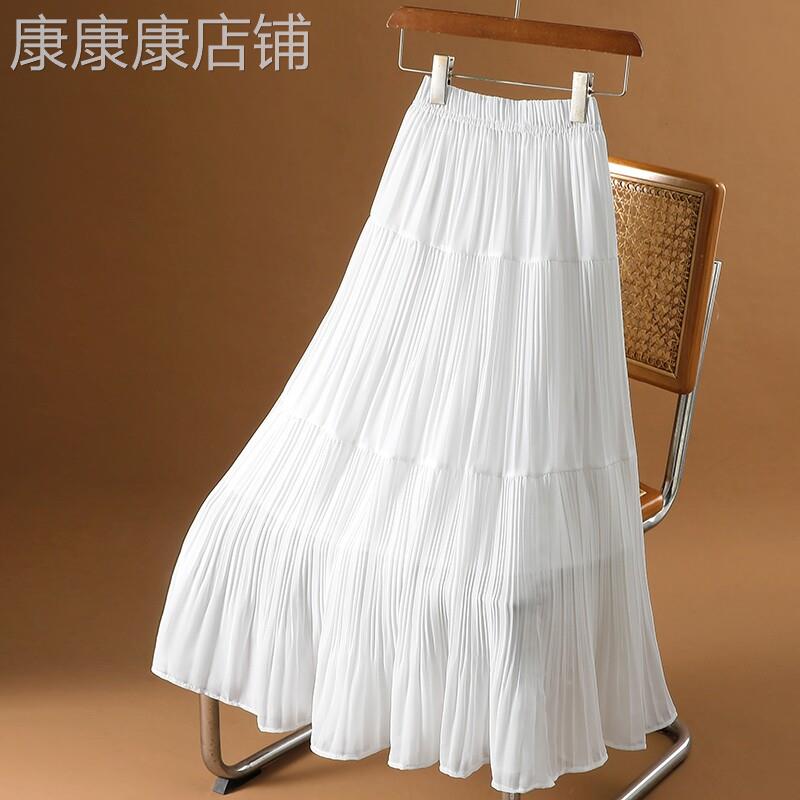 白色雪纺压褶半身裙女夏季宽松显瘦大裙摆a字长裙仙女裙高腰裙子