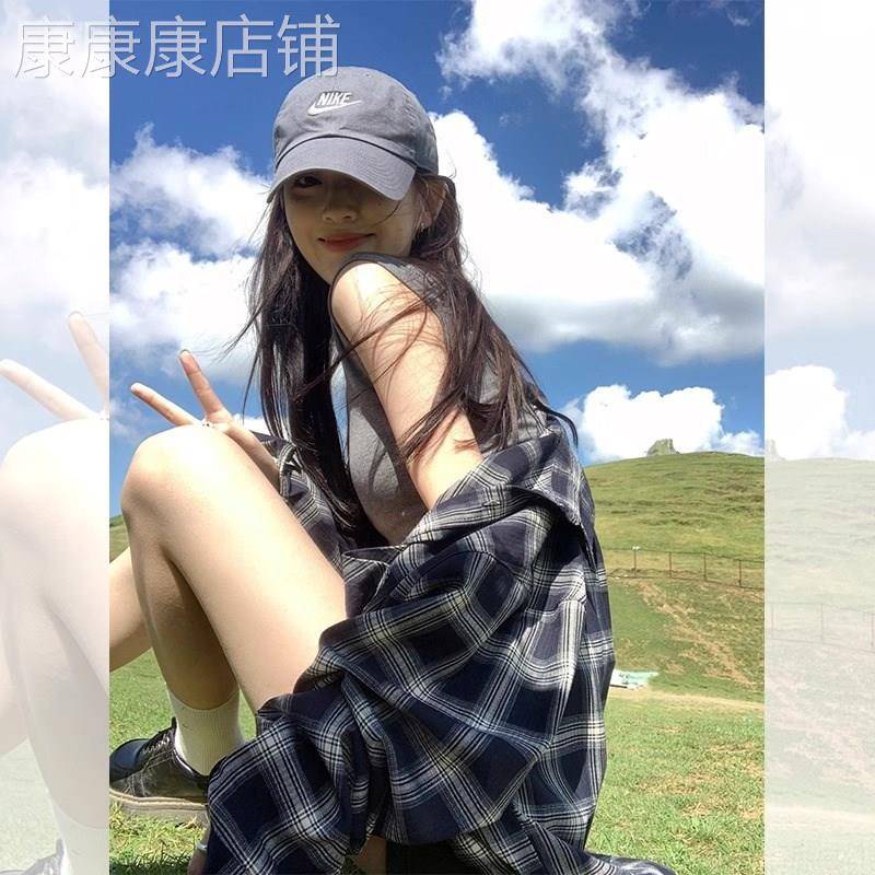 蓝色格子衬衫女长袖夏季薄款2026新款宽松慵懒风亚麻防晒开衫外套
