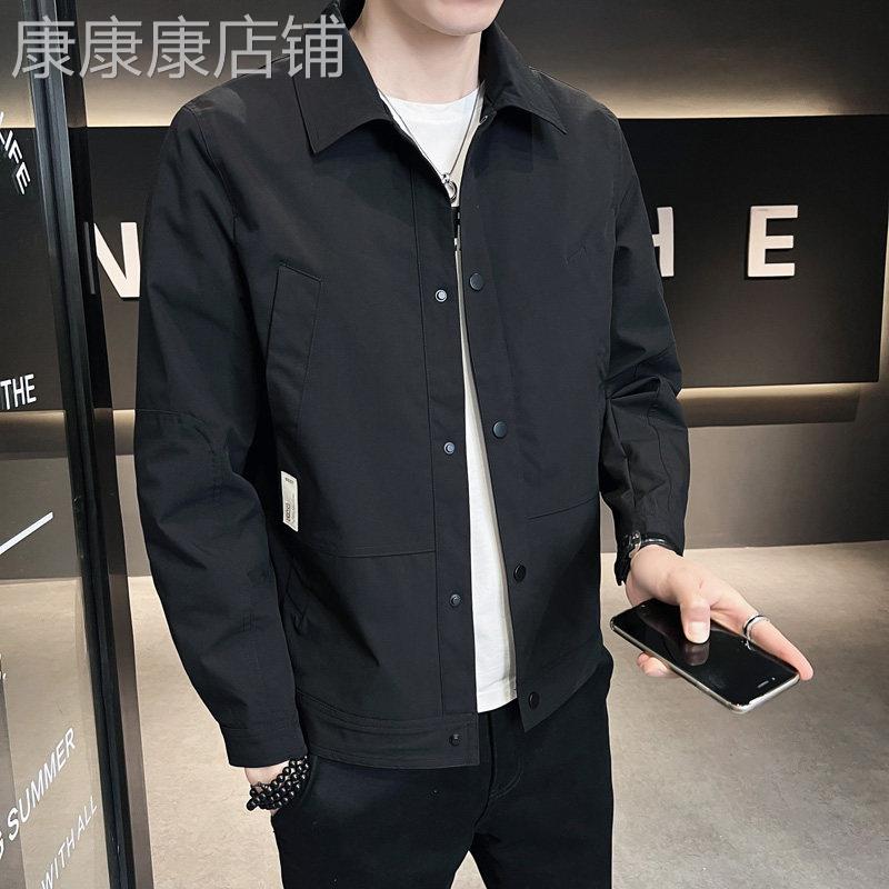 外套男春秋季韩版潮牌修身翻领工装夹克男士潮流百搭纯色休闲上衣