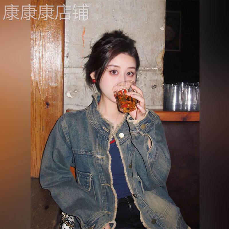 潮牌牛仔外套设计春秋2026圆领毛边复古水洗宽松百搭显瘦上衣夹克