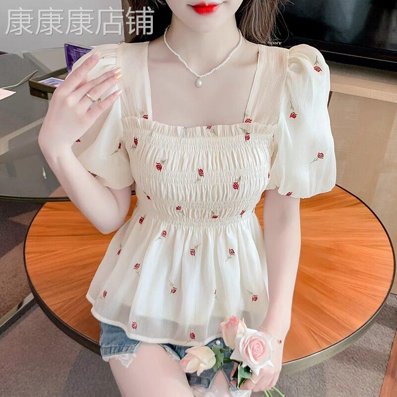 雪纺衫短袖女夏季薄款2026新款时尚收腰显瘦泡泡袖短款T恤上衣女