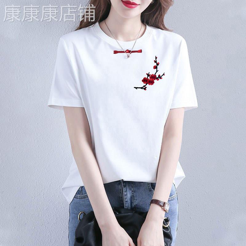 中式国风盘扣白色短袖T恤女夏2026新款刺绣高端宽松显瘦圆领上衣