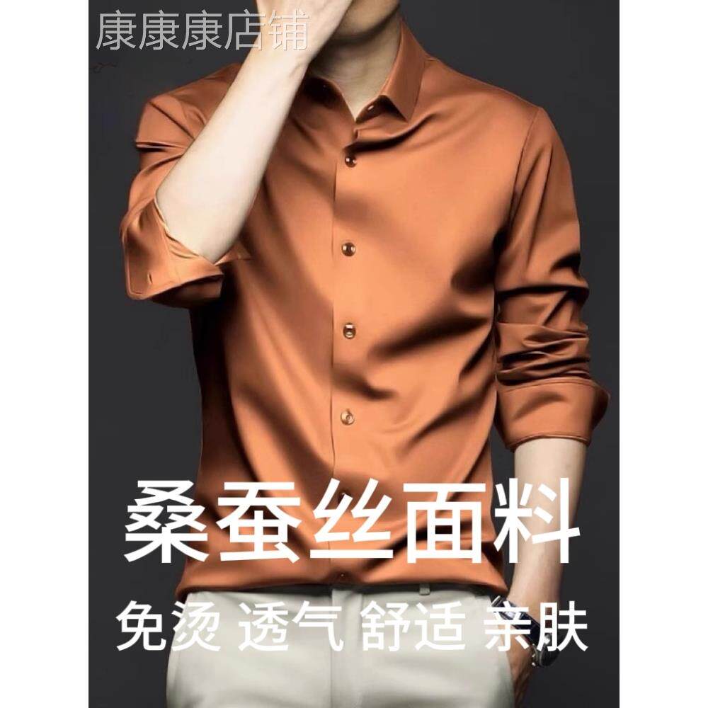 高端高级感桑蚕丝衬衫男长袖加大码高端商务休闲男士衬衣修身高端