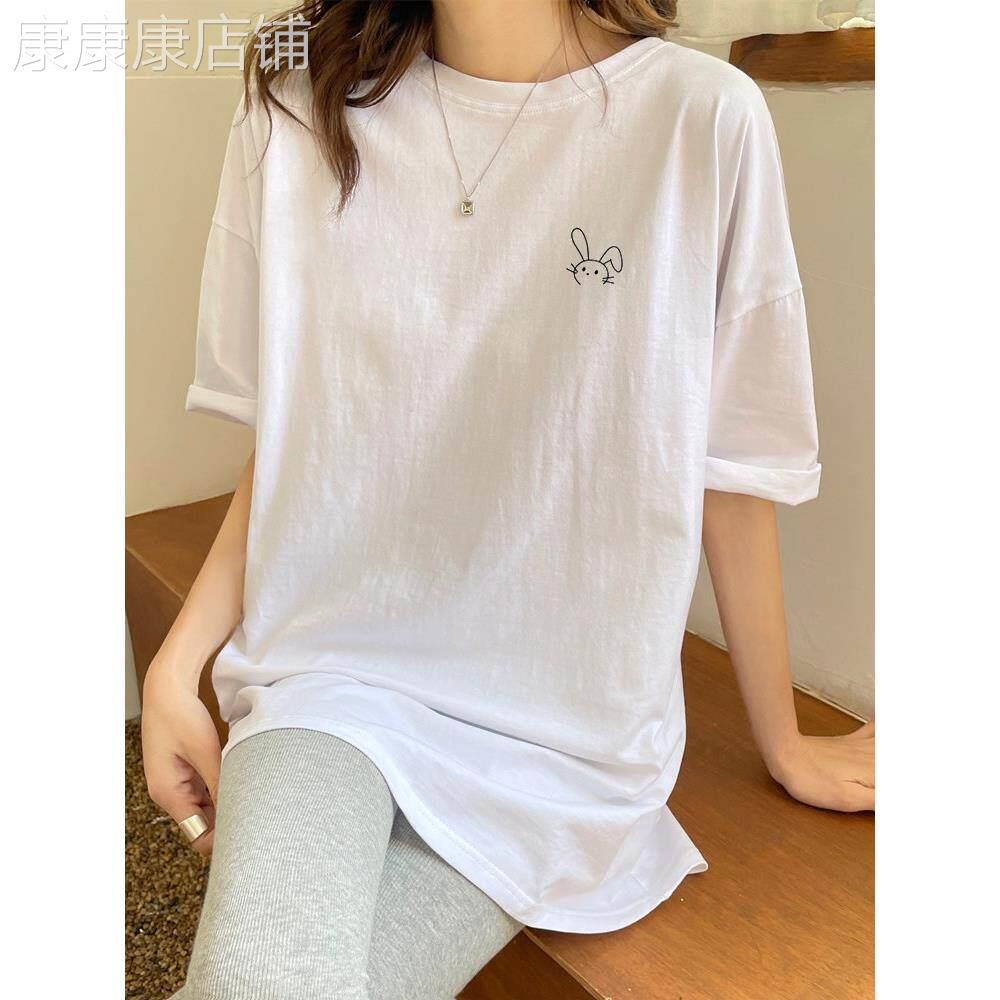 白色短袖T恤女2026夏季新款设计感印花宽松显瘦中长版套头打底衫