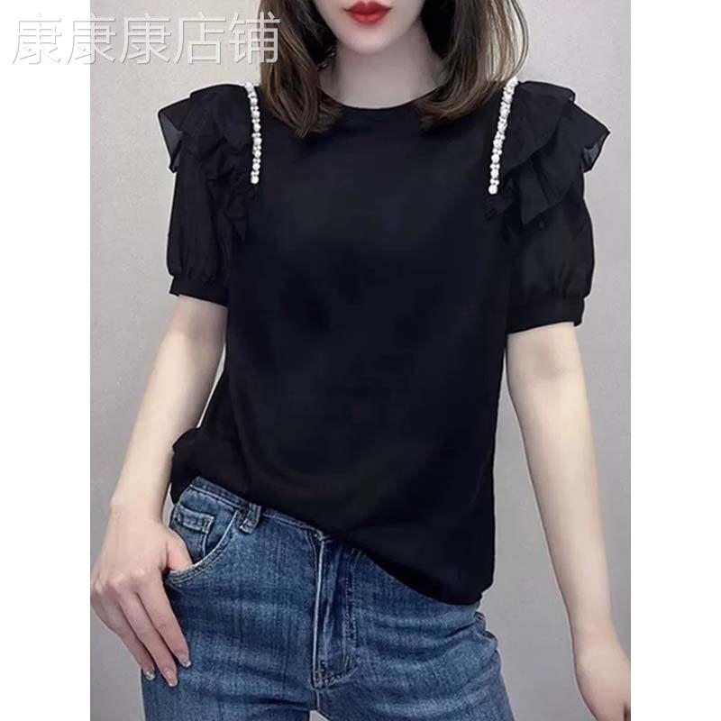 黑色烫钻泡泡袖上衣女2026夏季新款欧货宽松显瘦设计感洋派T恤潮