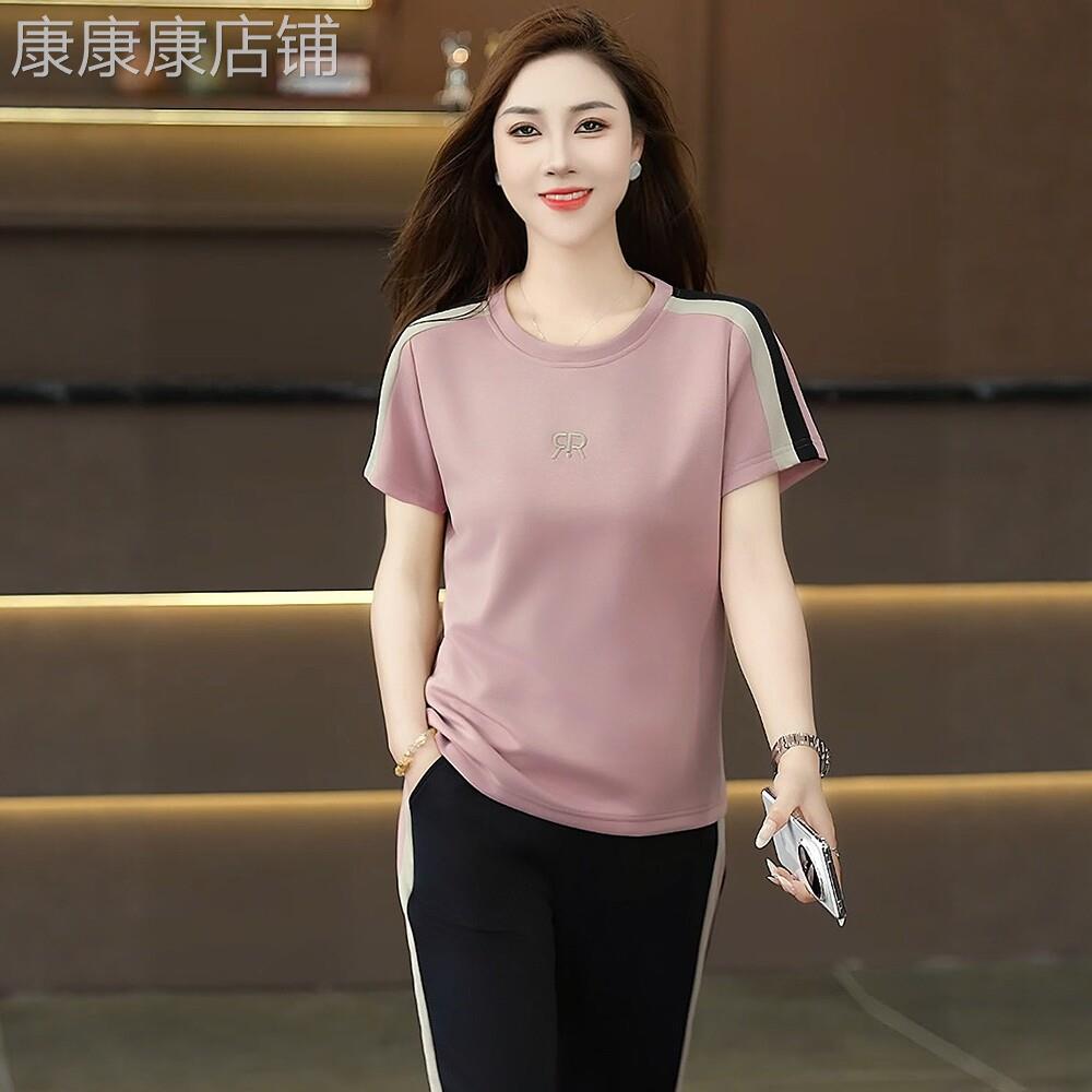时尚运动套装女夏2026新款减龄显瘦圆领短袖休闲服宽松跑步两件套