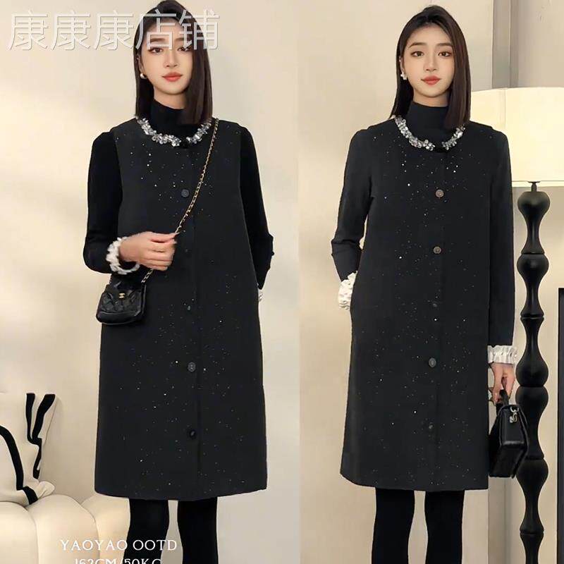 欧洲站设计感黑色小香风套装女2025年秋冬新款内搭毛呢背心连衣裙