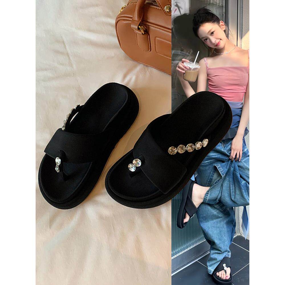 香港白鹿牌同款莱茵石厚底女式凉鞋2025夏季外穿精致平底丁字拖沙