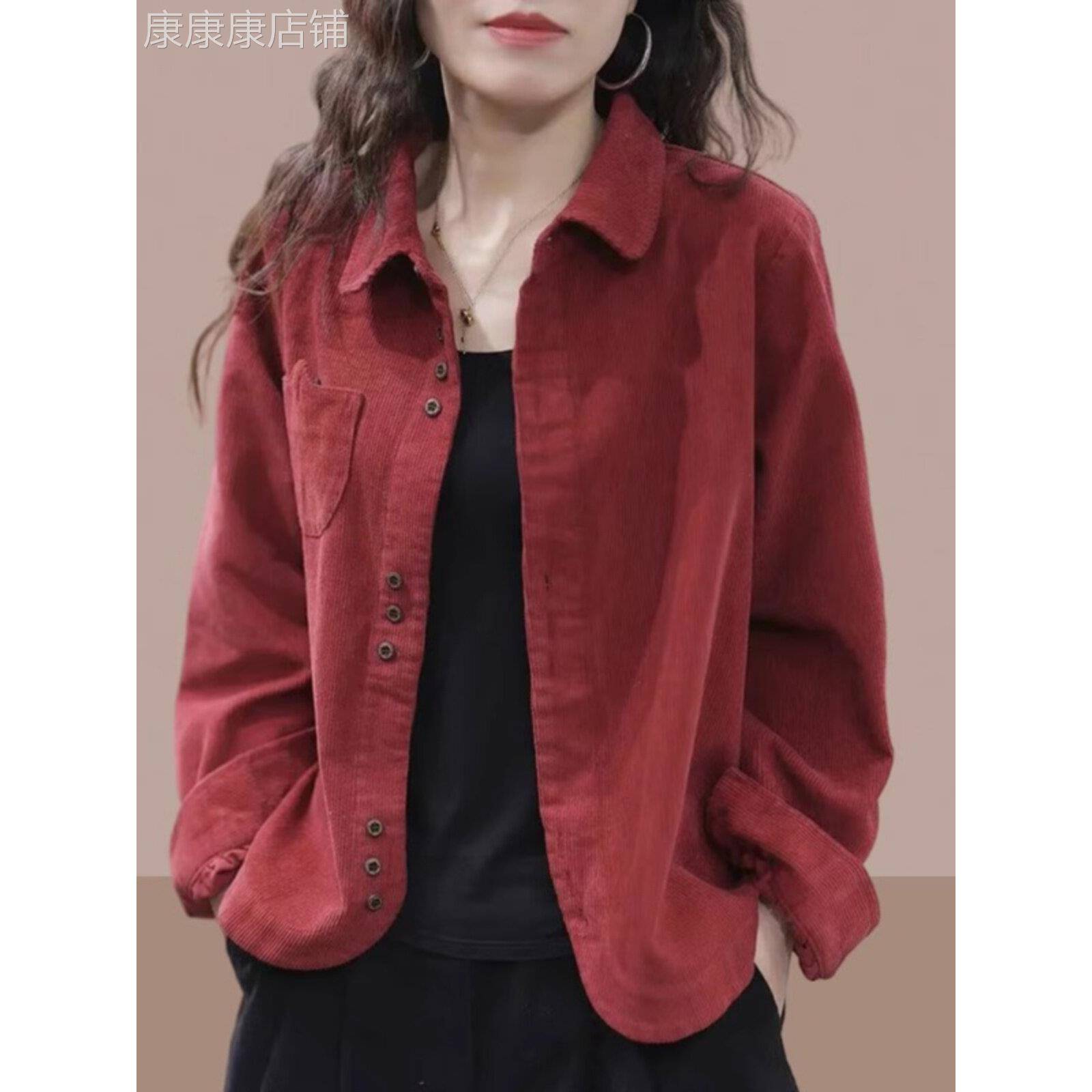 红色长袖衬衫2025新款女装春季薄款外套大码休闲上衣宽松翻领衬衣
