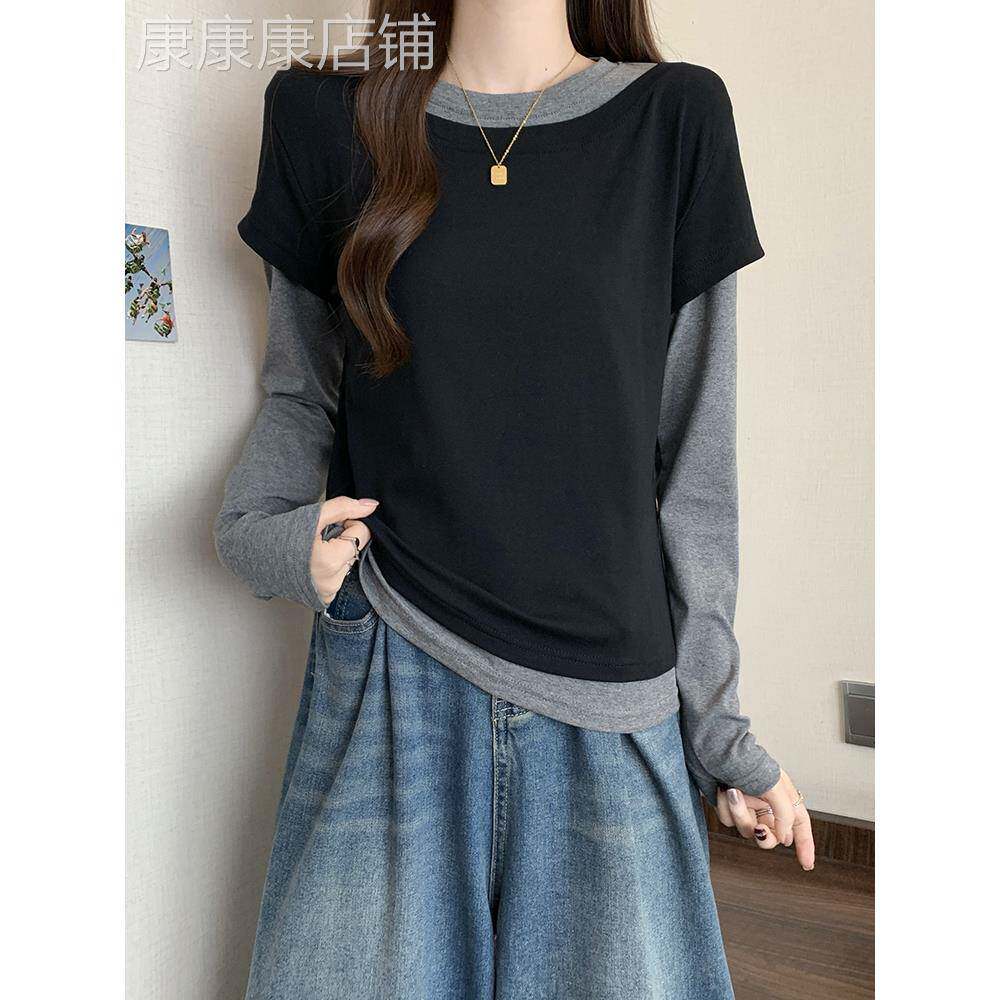 正肩假两件别致长袖t恤打底衫女2025新款大码胖mm显瘦遮肚子上衣
