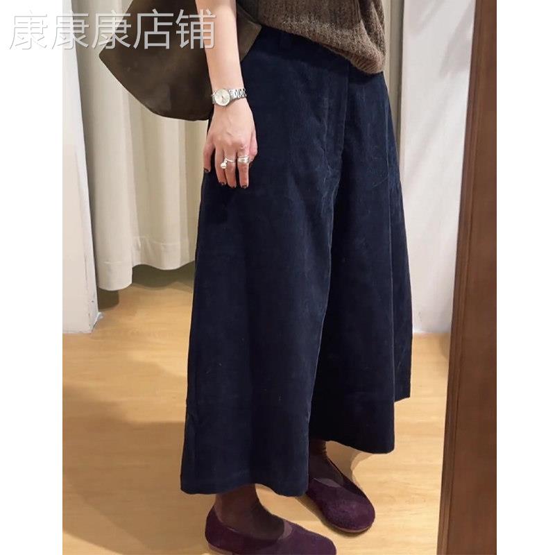 藏蓝色灯芯绒阔腿裤女2026春季新款高腰宽松显瘦遮胯百搭九分裤子