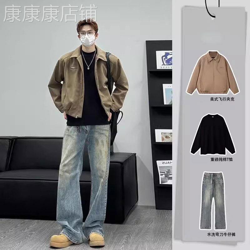 休闲运动套装男士春秋季高级感时尚复古垫肩翻领棒球服外套两件套