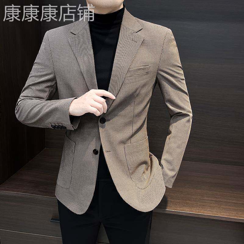 高端轻奢千鸟格小西装外套男春秋高级感韩版修身百搭痞帅休闲西服