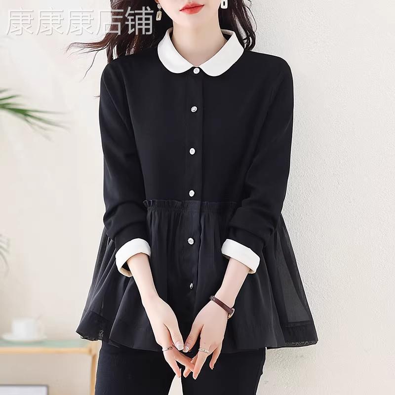 长袖裙摆衬衫女春季2026新款假两件上衣收腰遮肚子宽松显瘦雪纺衫