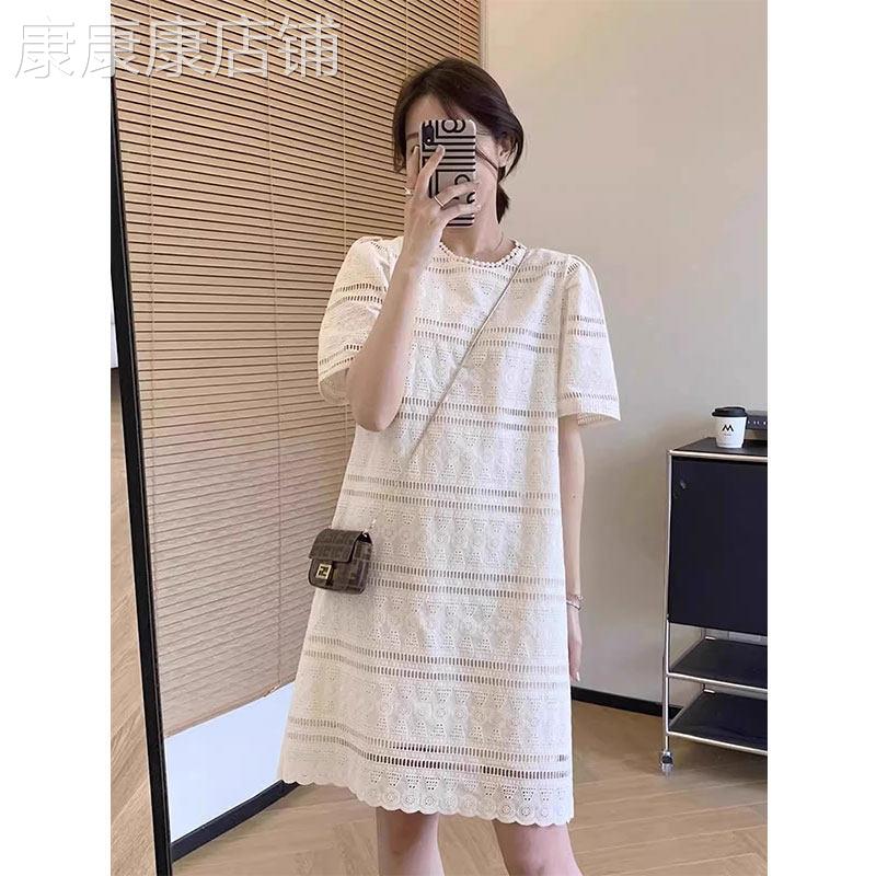小香风洋装女2026新款夏季轻奢高级感白色中长版蕾丝T恤裙子女