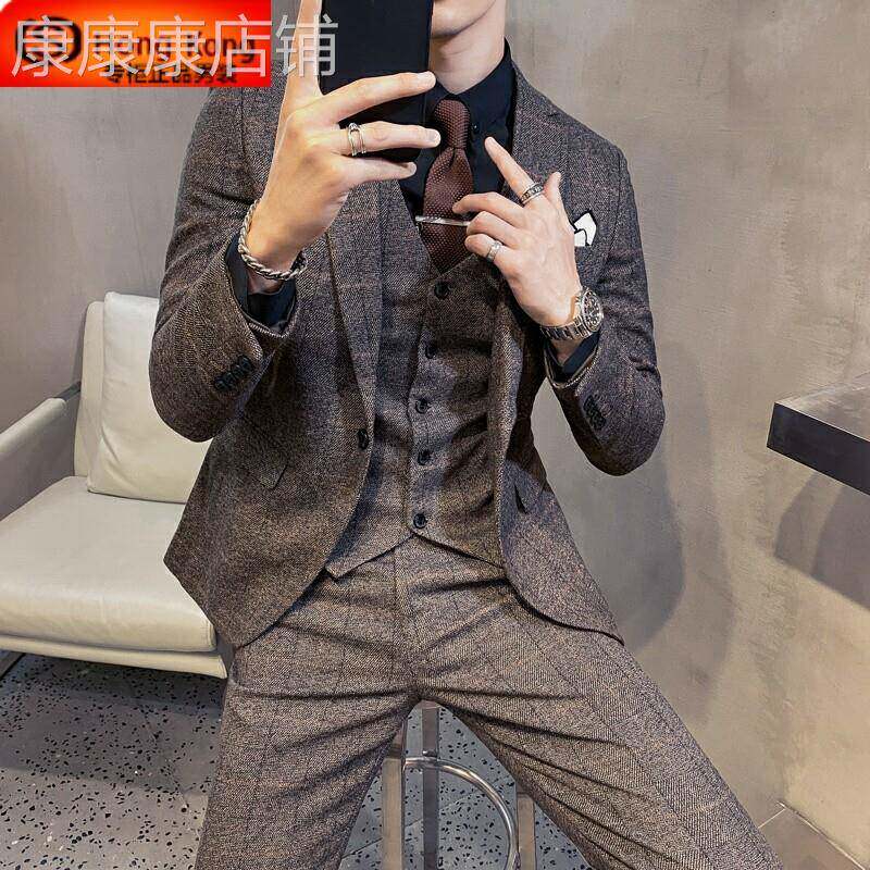 格子西装男套装2026新款修身男复古新郎结婚礼服三件套士休闲西服