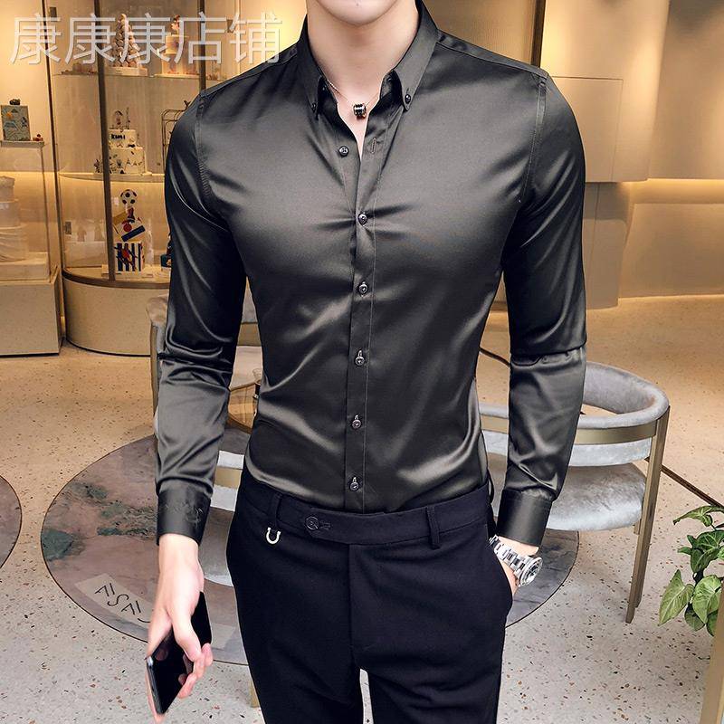 潮牌春秋新款真丝长袖衬衫男韩版修身免烫刺绣寸衫帅气休闲衬衣男