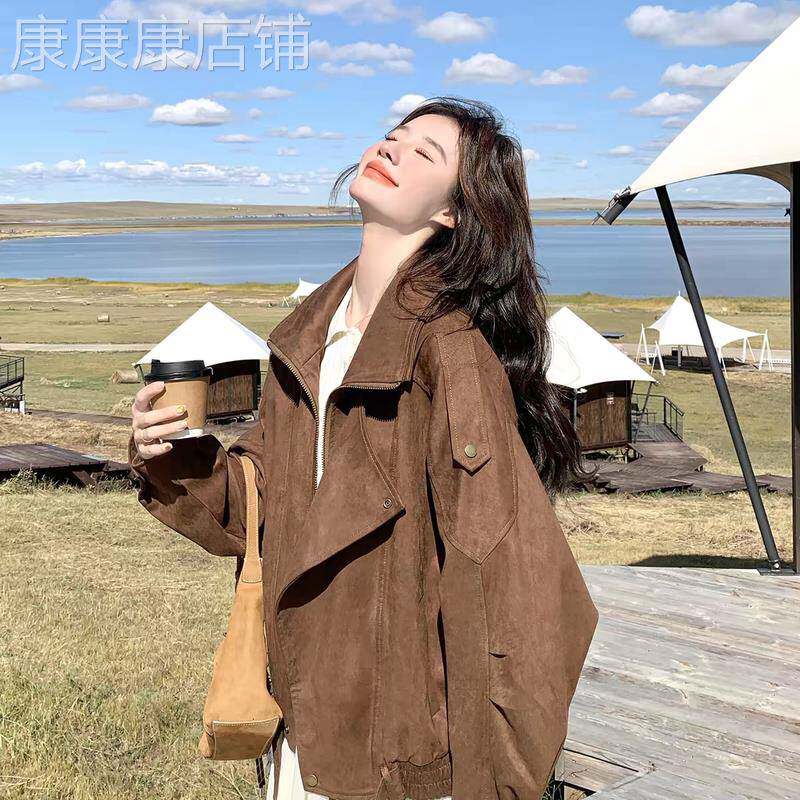 意大利休闲麂皮绒外套女复古美拉德短款咖色皮衣外套秋翻领机车服