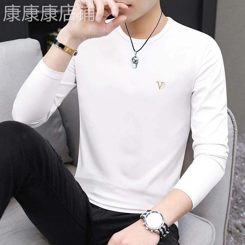 高端白色长袖t恤男士纯棉2024春秋季新款薄款圆领修身体恤打底衫