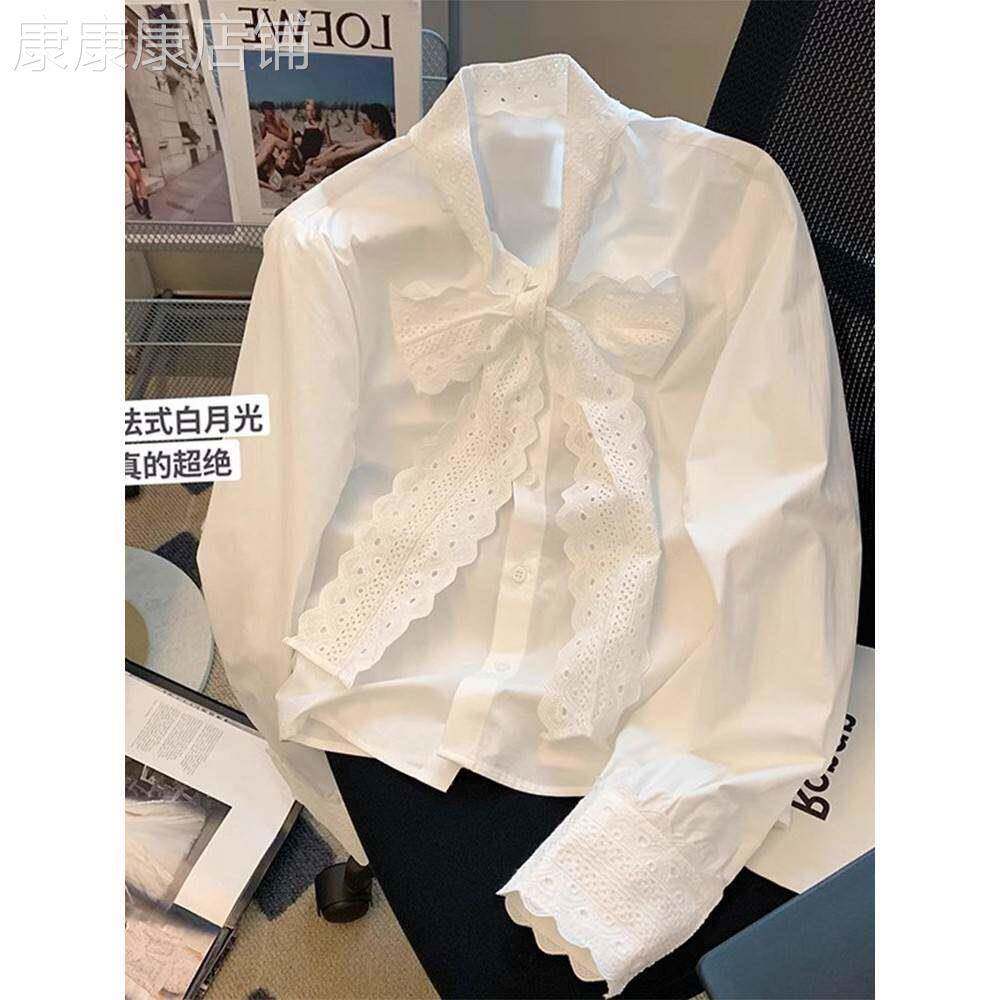 白色花边蕾丝蝴蝶结衬衫女秋冬新款法式上衣叠穿内搭休闲打底衬衣