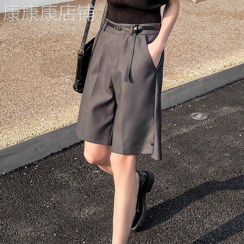 灰色西装短裤女夏季2025新款高级感职业通勤直筒显瘦五分休闲中裤