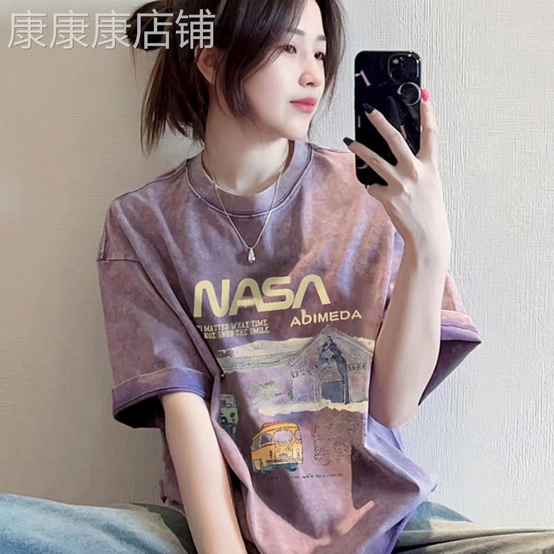 美式复古紫色水洗做旧正肩短袖t恤女夏季2025新款潮牌半袖上衣夏