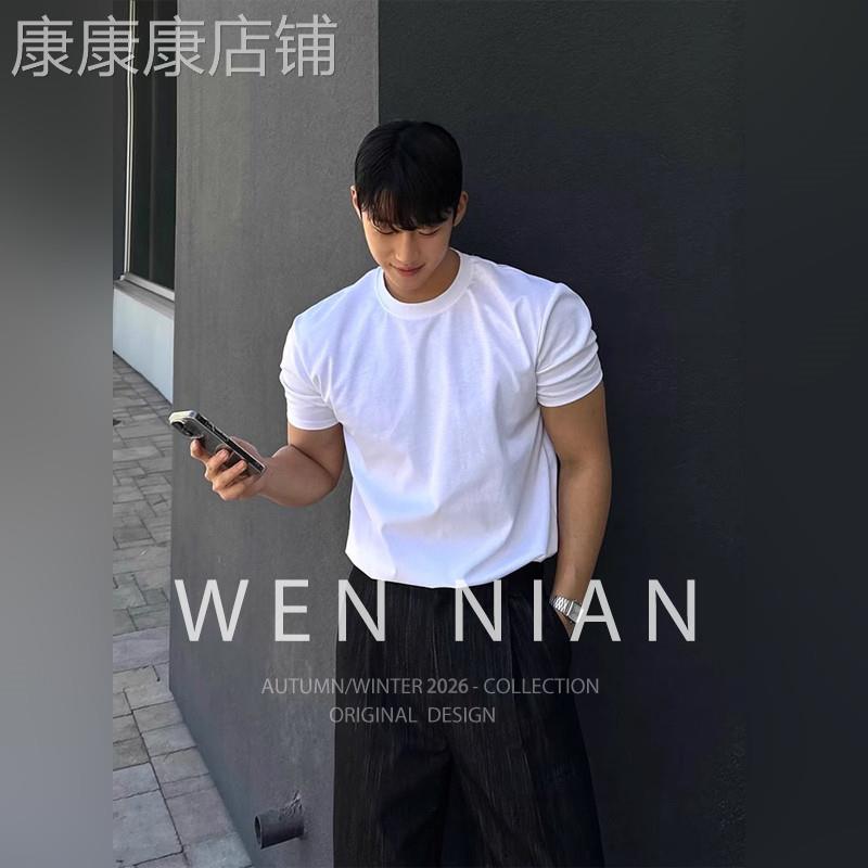 韩国WEN NIAN美式正肩短袖t恤男款2026春夏季健身运动显肌肉半袖