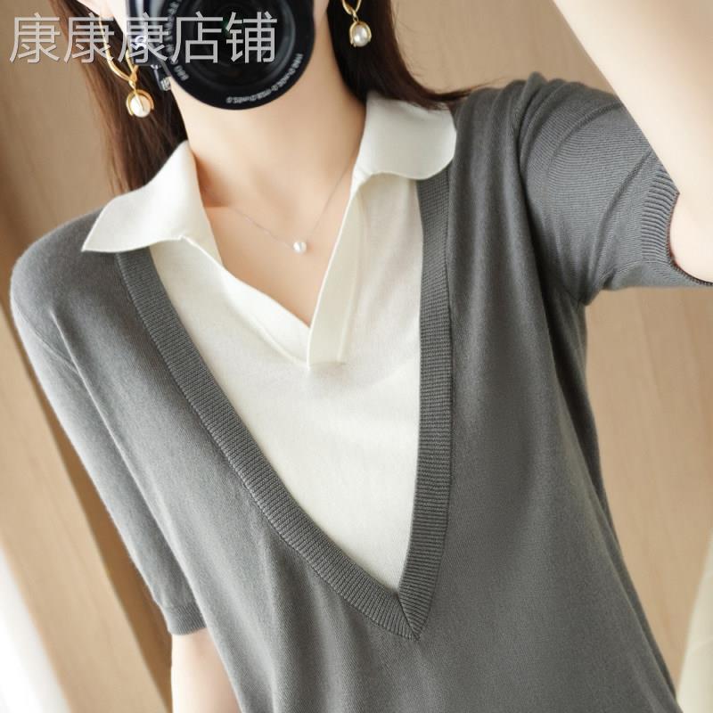 冰丝针织短袖t恤女夏季2026新款大码女装宽松时尚洋气假两件上衣