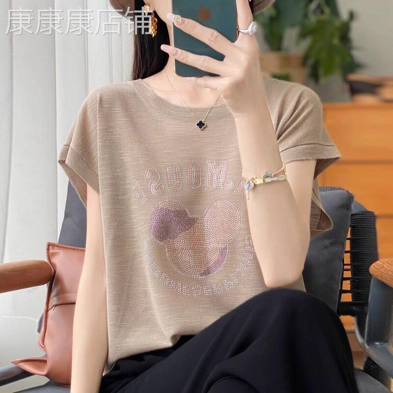 2026夏季潮牌竹节麻针织短袖女烫钻上衣宽松休闲显瘦打底半袖T恤