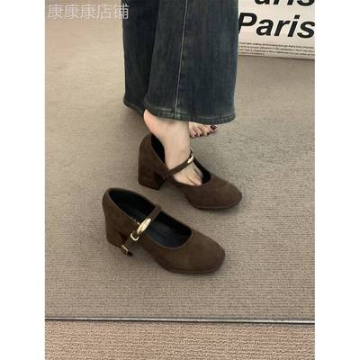 香港气质绒面高跟单鞋女秋季2025新款覆古法式圆头玛丽珍小皮鞋