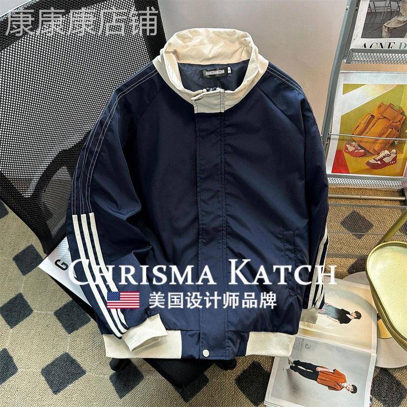 出口法国Chrisma Katch~条纹立领棒球服春秋季美式夹克宽松外套