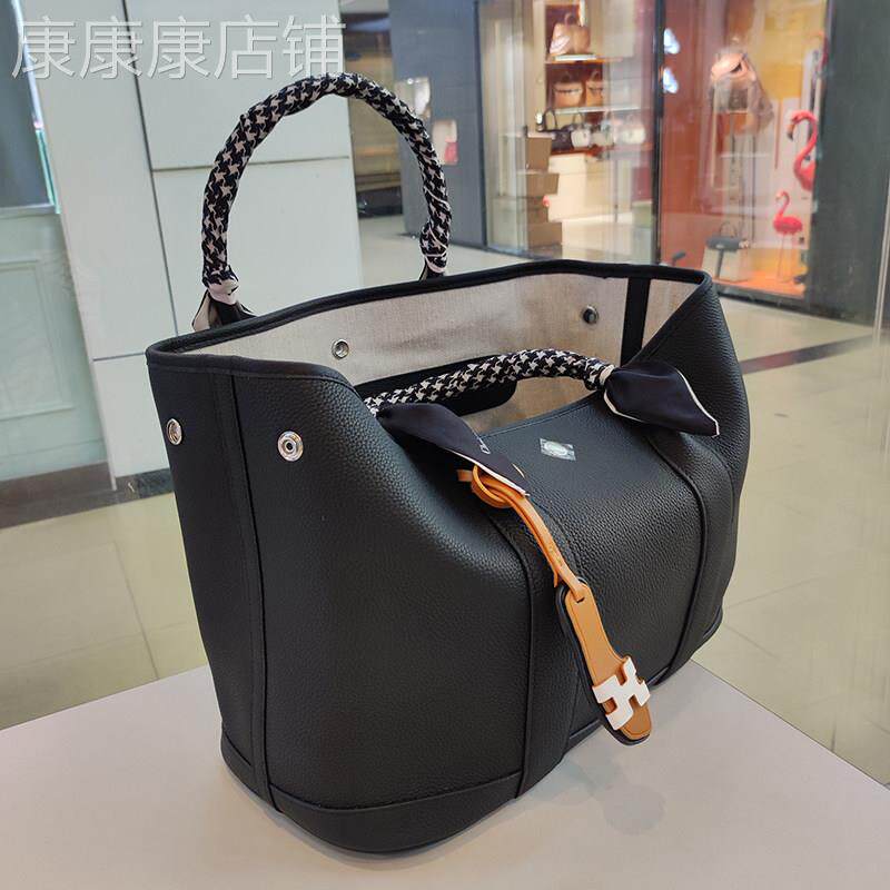 头层牛皮黑色花园手提包 托特包大容量36CM 青年适用纯色敞口袋设
