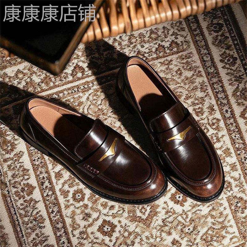 香港真皮平底乐福鞋女鞋2026秋冬新款一脚蹬单鞋英伦风粗跟小皮鞋