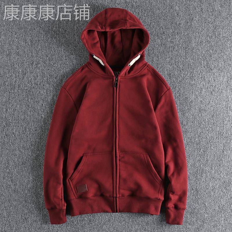 代购香港潮男秋冬重磅复古纯色加绒加厚连帽卫衣男士休闲开衫外套