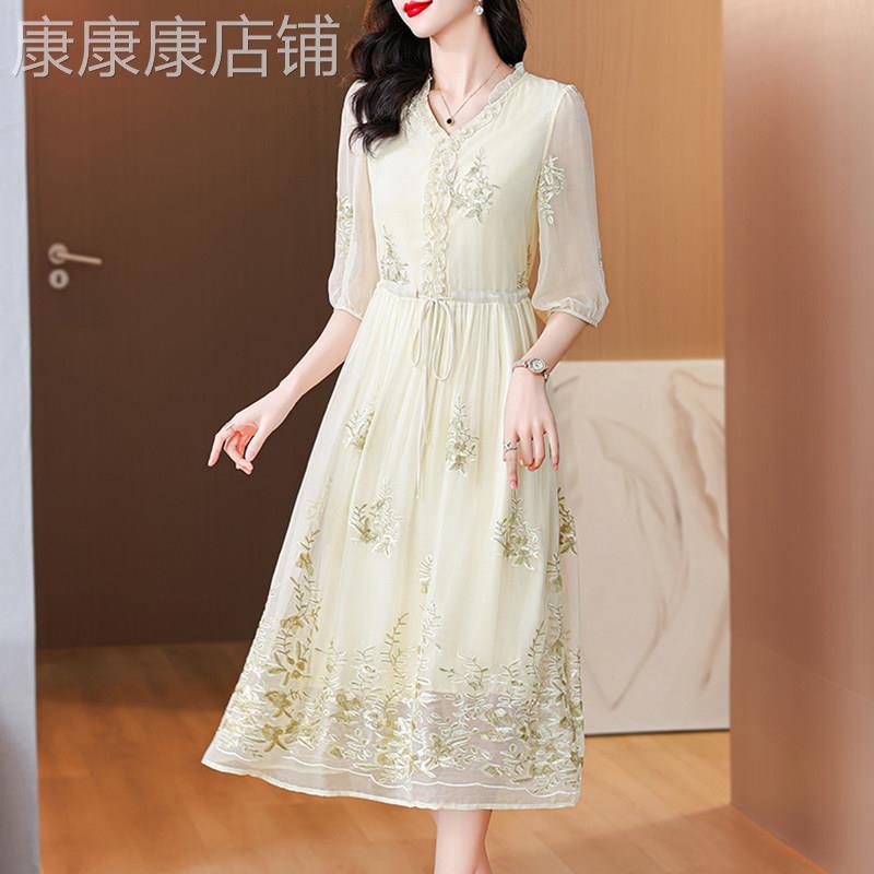 雪纺连衣裙子女士装夏季2026年新款收腰a字气质妈妈七分袖中长裙
