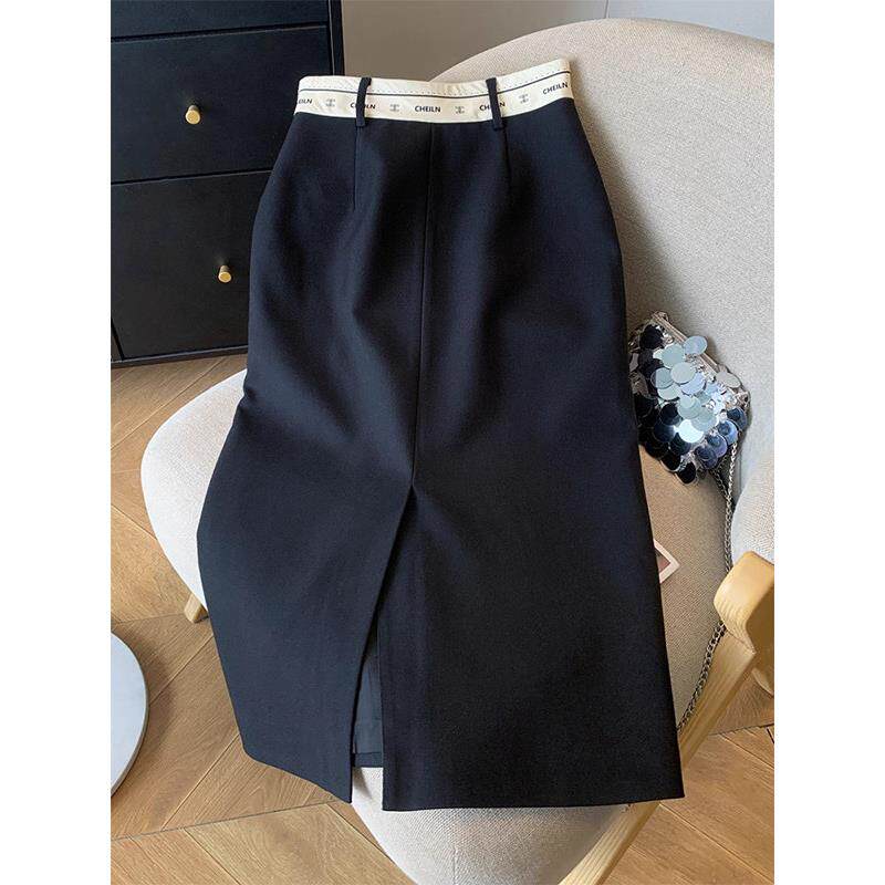 欧货黑色西装半身裙女春秋季新款高腰开叉直筒裙中长款a字包臀裙
