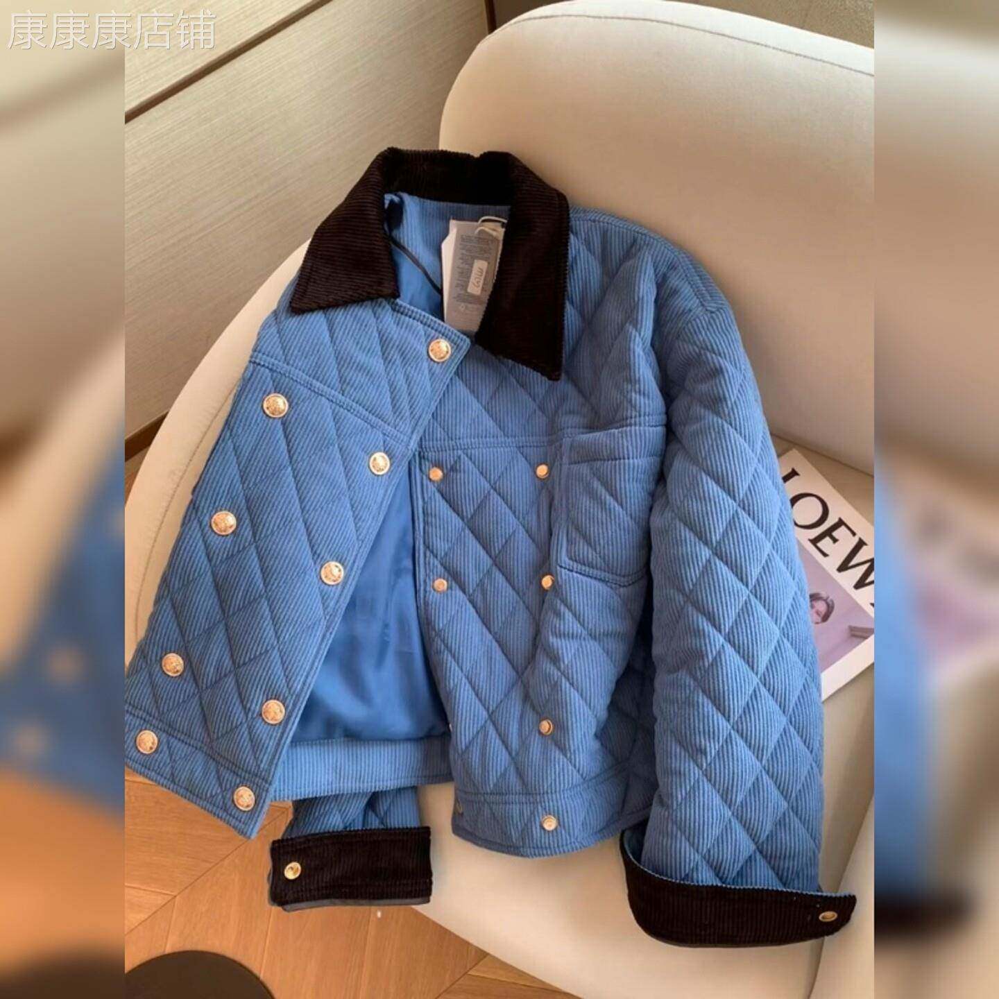 蓝色灯芯绒翻领双排扣棉服女2025冬季新款韩系保暖气质复古外套潮