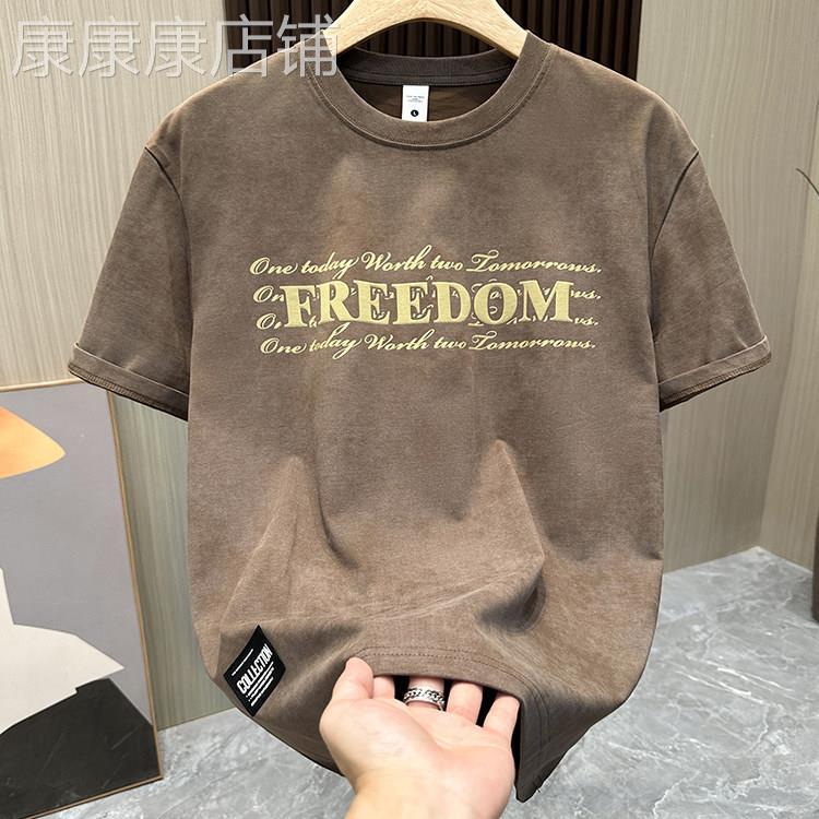 男士复古字母圆领短袖T恤春夏潮牌修身百搭半截袖薄款休闲体恤