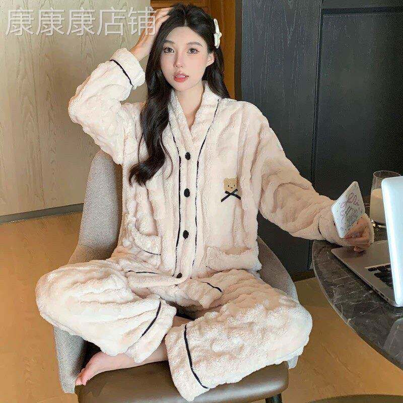 韩国睡衣女秋冬季加厚珊瑚绒开衫纽扣网红款可外穿家居服套装保暖