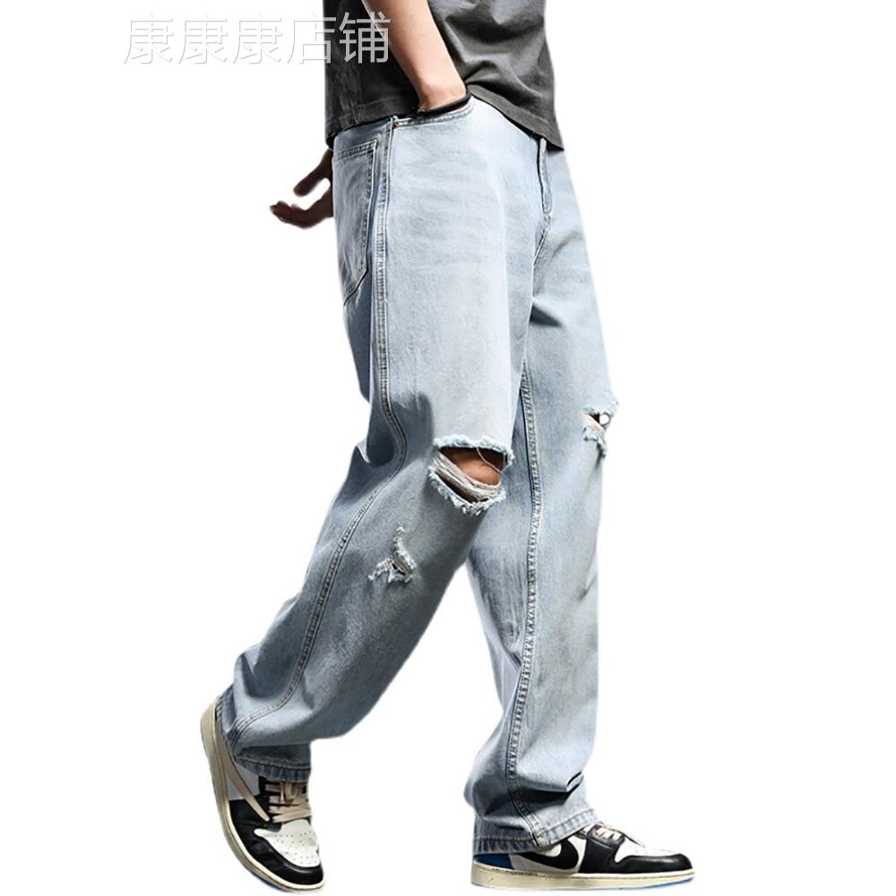 MUSONMU潮牌春秋季浅色破洞牛仔裤男直筒宽松大码港风阔腿裤子男