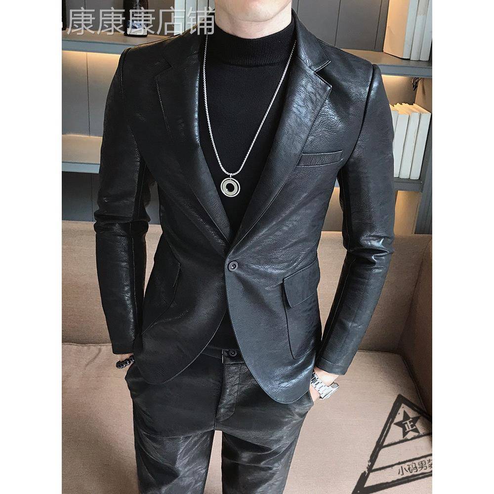 潮牌西装皮衣外套男韩版百搭修身帅气商务休闲西服青年时尚皮夹克
