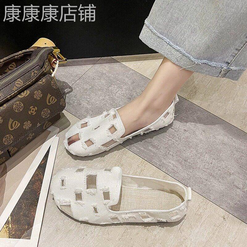 老北京破洞帆布鞋女2025夏季网鞋时尚孕妇懒人一脚蹬透气豆豆单鞋