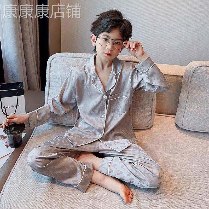 儿童睡衣男童真丝春秋长袖薄款2026新款家居服大童男孩夏季空调服