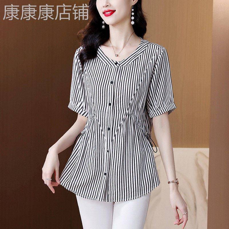 中长版收腰条纹衬衫女短袖夏季新款妈妈遮肚子洋派质小衫裙摆上衣