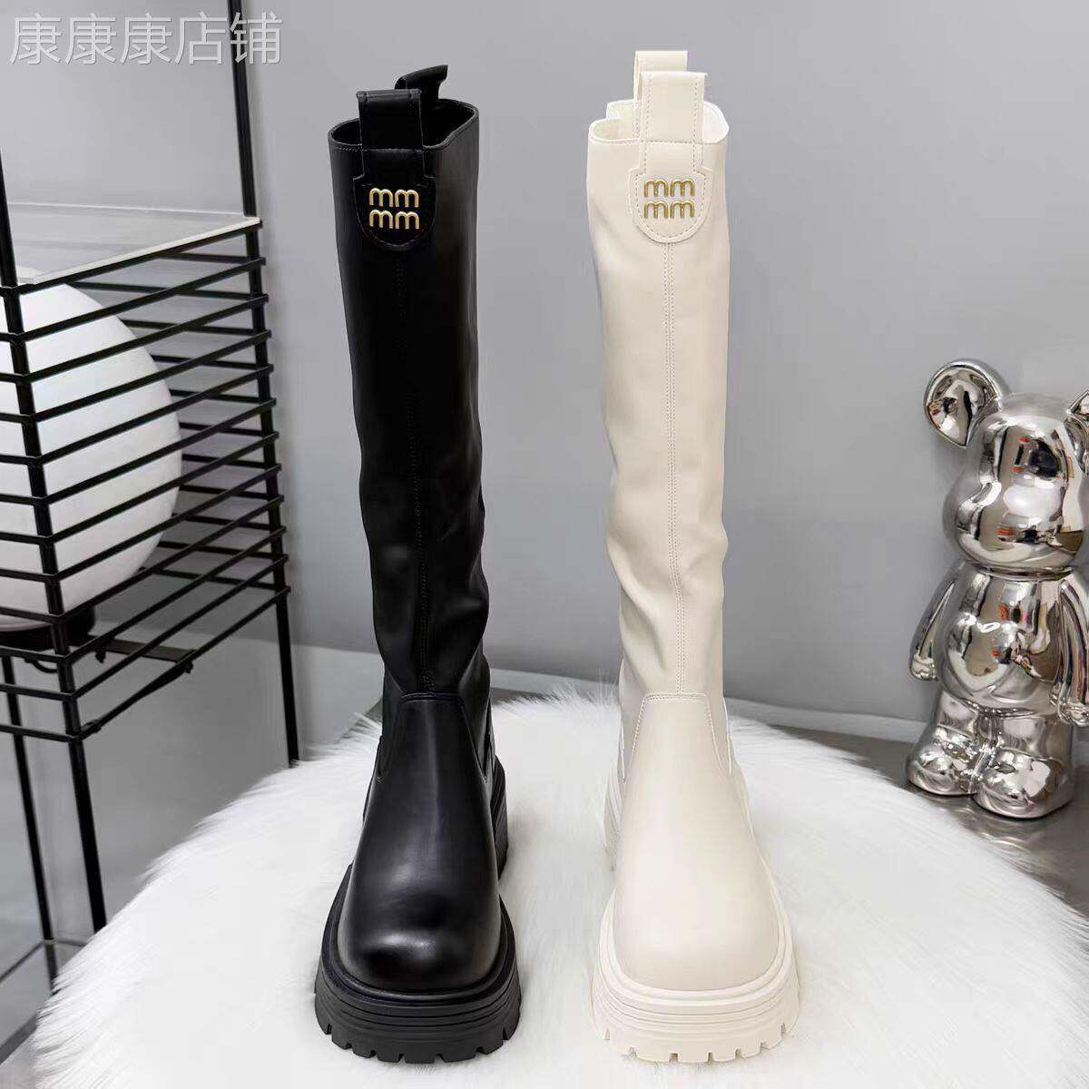 香港真皮白色长筒靴女2025秋冬季新款爆款加绒厚底增高筒骑士靴子