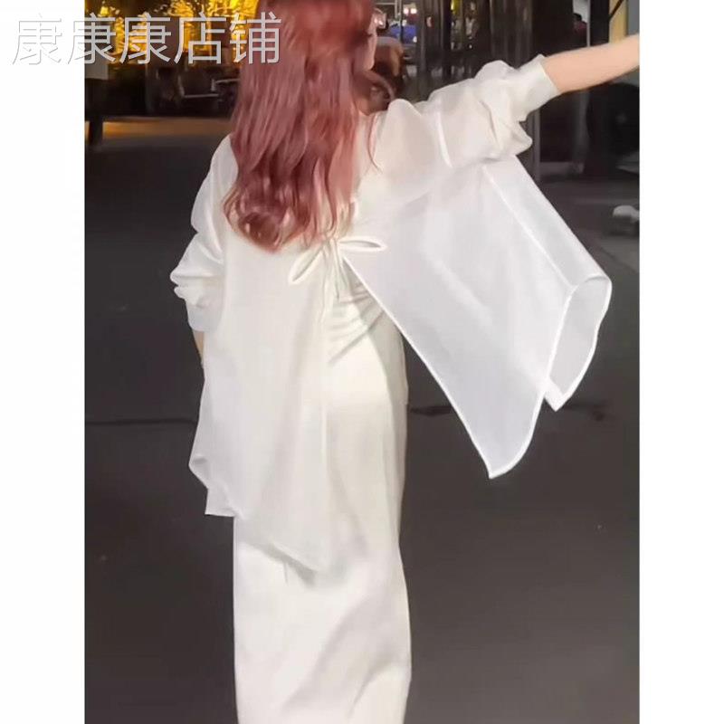 后背开 叉衬衫女2025夏天丝雪纺防晒衣薄纱开 衫上衣吊带裙外穿披