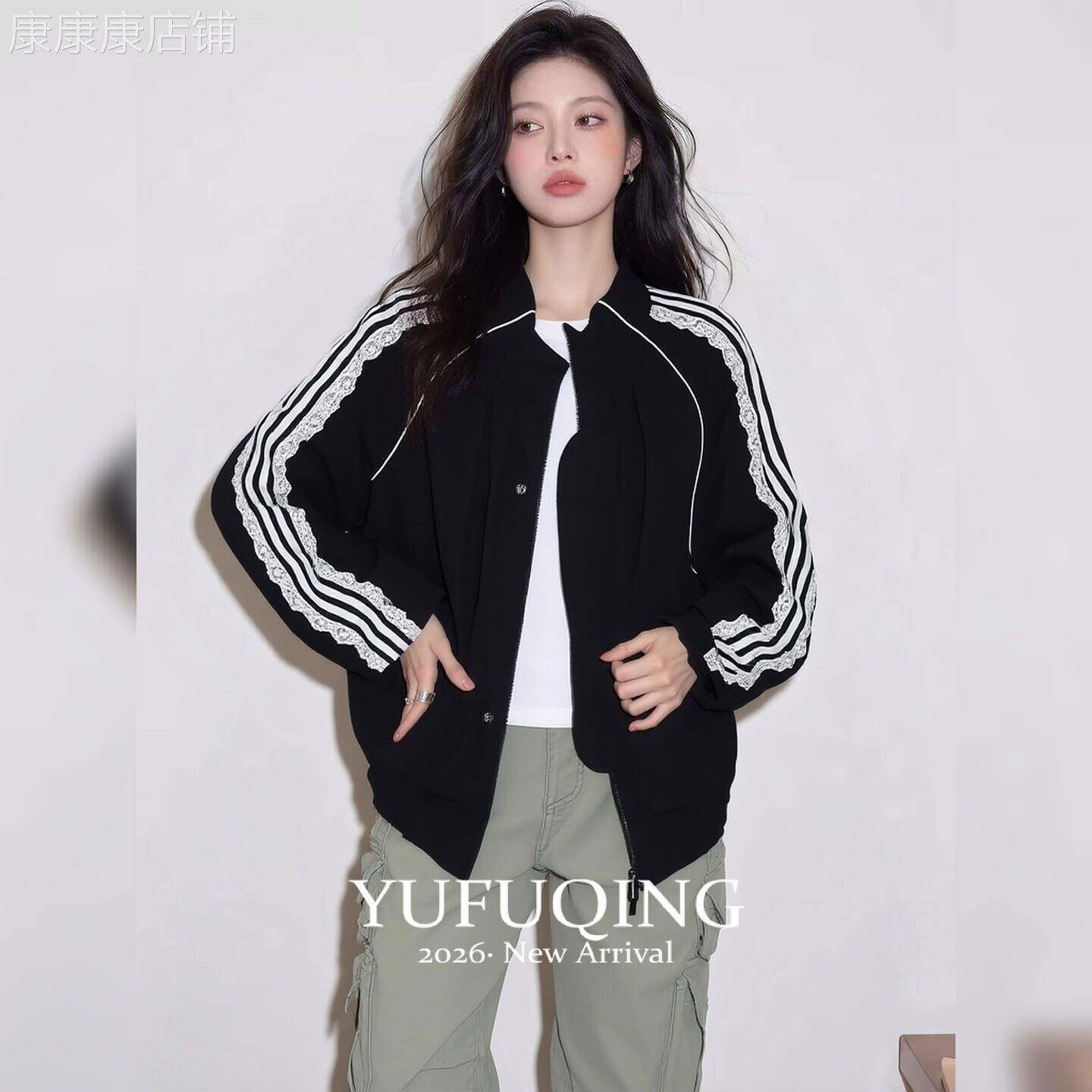 秋季黑色韩系宽松休闲棒球服外套女蕾丝拼接长袖运动百搭夹克上衣