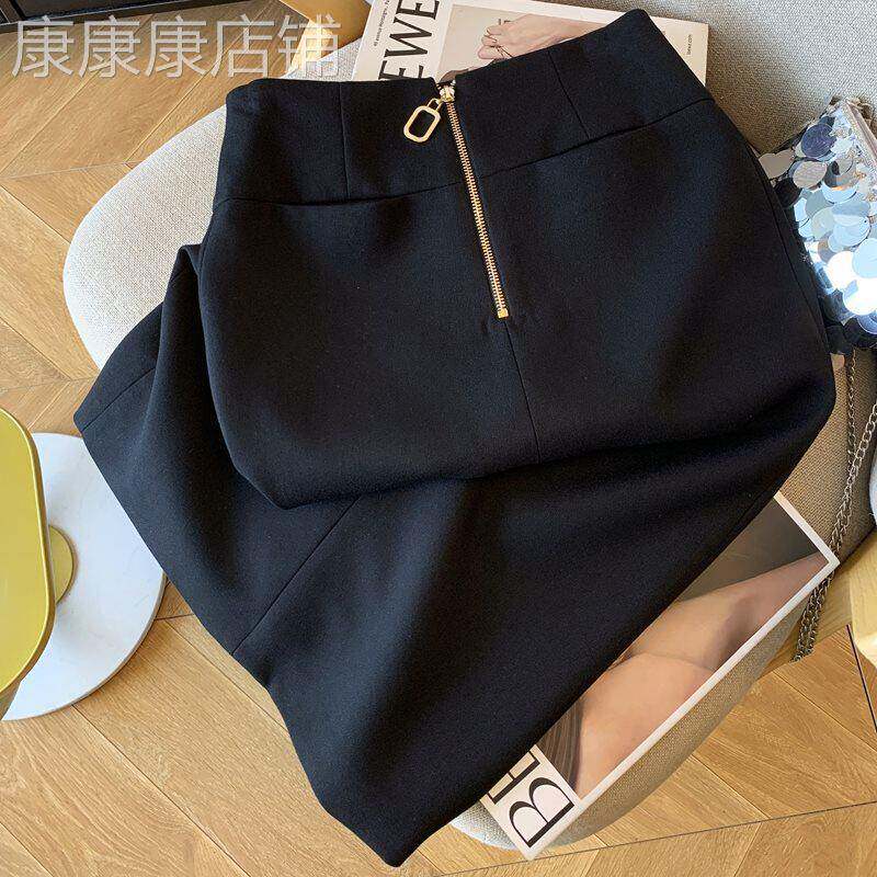 黑色拉链通勤西装半身裙女秋冬季欧货高腰直筒包臀裙开叉一步裙